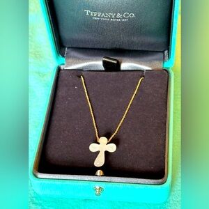 Tiffany & Co. Elsa Peretti White Jade Cross Necklace 18k Yellow Gold .